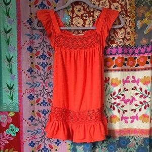 ABSOLUTELY FAMOUS Polyester Orange Boho Flutter Sleeve/Crochet Blouse Size Small